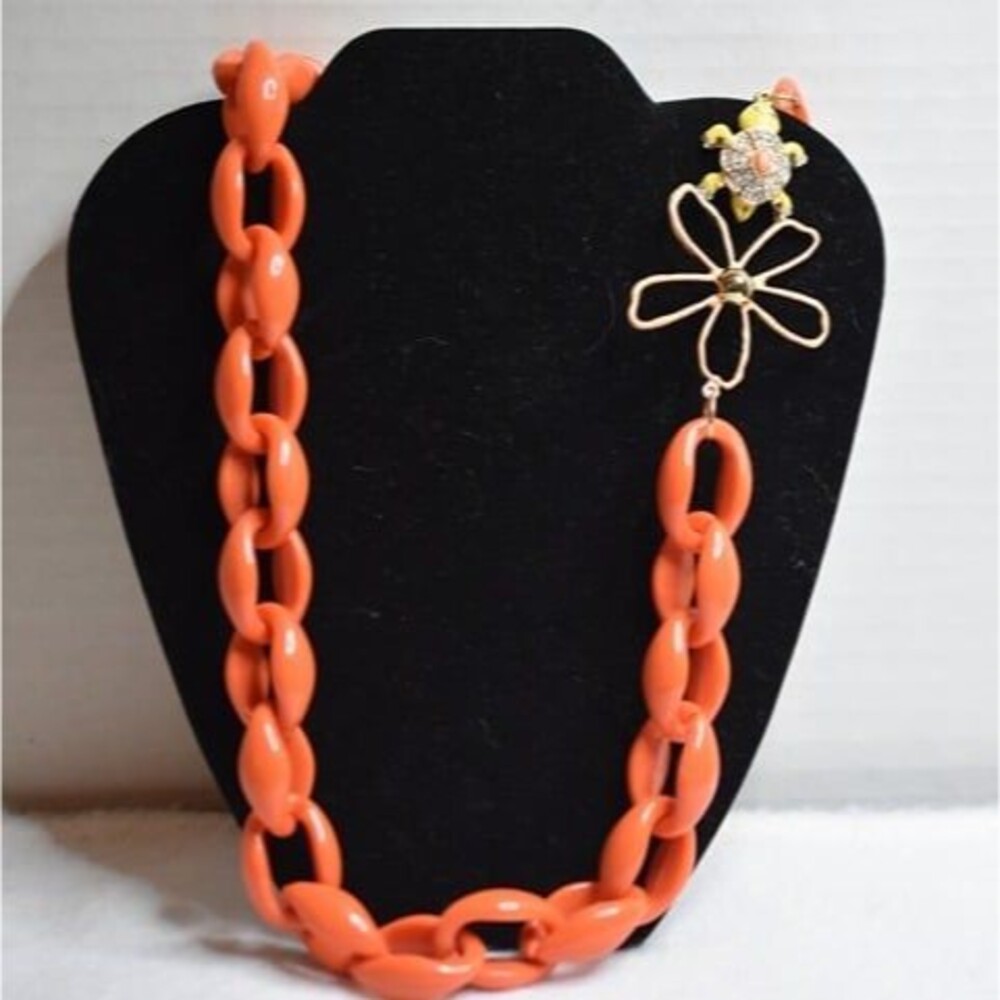 Funky Chunky Orange Enamel Large Link Chain Rhinestone Turtle & Flower Necklace
